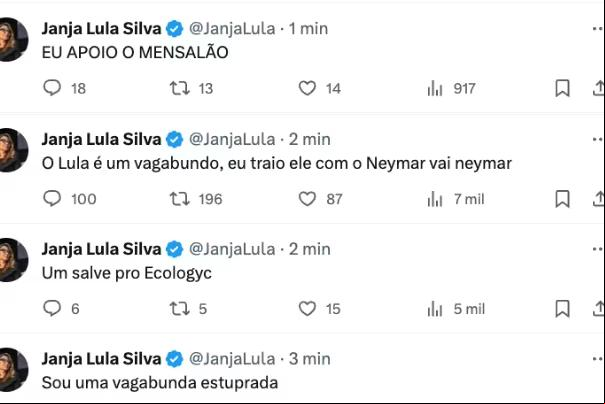 Conta de Janja no X é invadida e hacker faz publicações ofendendo Lula (Foto/Reprodução)