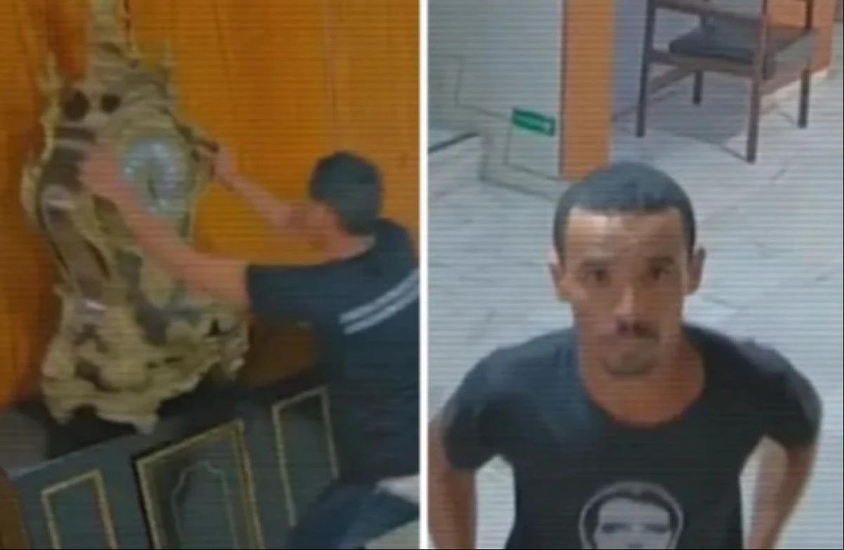 Vestido com uma camiseta preta e estampa com o rosto do ex-presidente Jair Bolsonaro (PL) pintada em branca, Antonio Claudio Alves Ferreira foi flagrado jogando no chão o relógio histórico (Foto/Reprodução/Redes sociais)