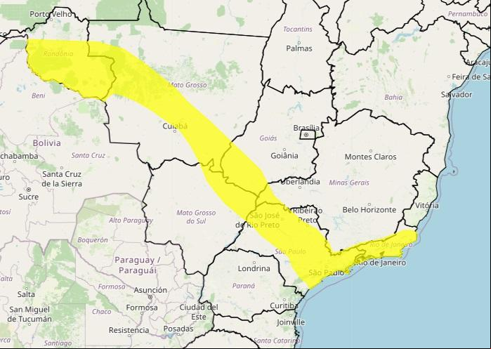 Área em amarelo no mapa mostram o curso em que está previso o deslocamento da massa de ar fio (Foto/Reprodução)