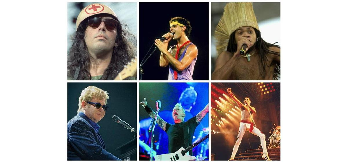 Lobão, Cazuza, Carlinhos Brown, Elton John, Metallica e Freddie Mercury protagonizaram momentos históricos do Rock in Rio (Foto/Montagem/Reprodução)