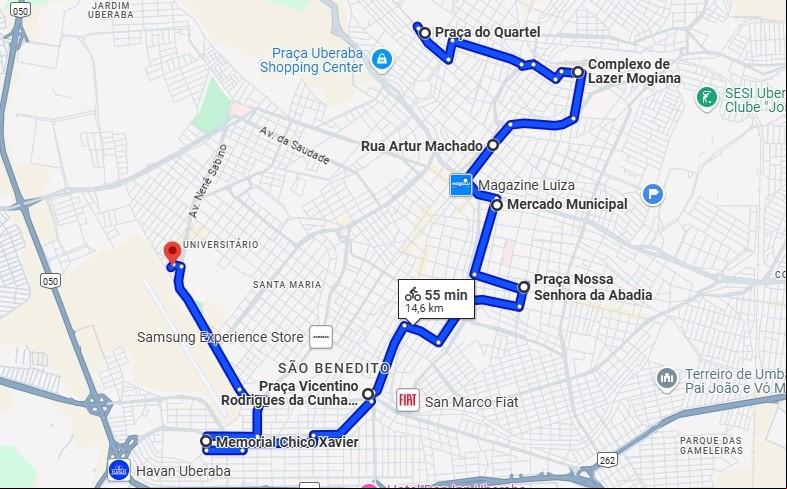 Trajeto da quinta edição do Pedal de Luz de Uberaba. (Foto/Reprodução/Maps)