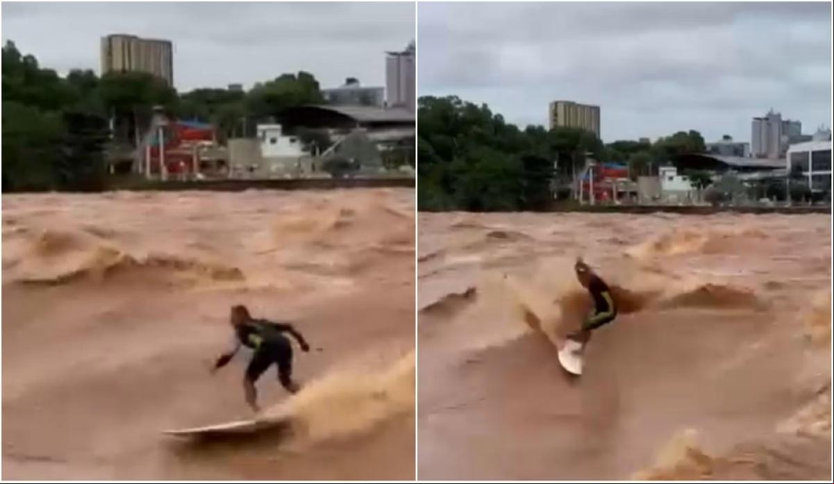 Homem surfa no rio Doce, em Governador Valadares (Foto/Arquivo pessoal)