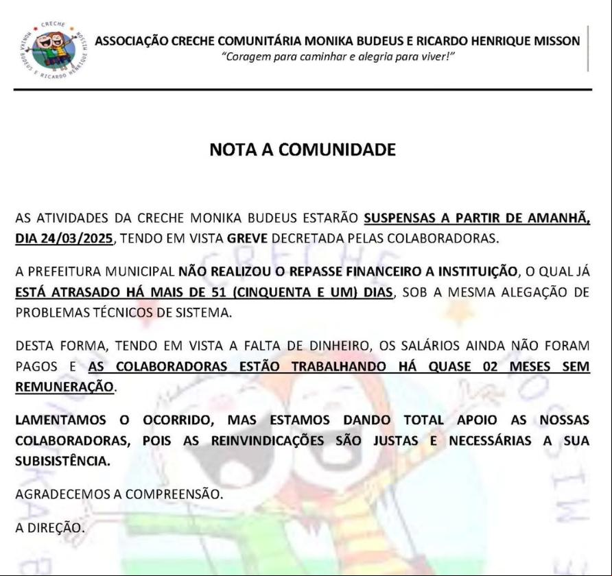 Comunicado de paralisação de atividades publicado pela creche Monika e Ricardo, em Uberaba (Foto/Reprodução)