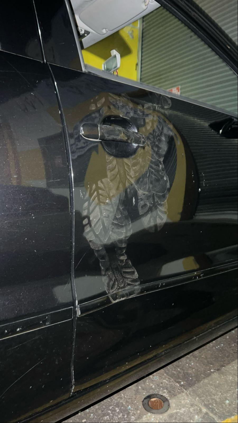 Durante o confronto verbal, o entregador desferiu chutes na porta do carro da condutora, provocando avarias no veículo (Foto/Reprodução)