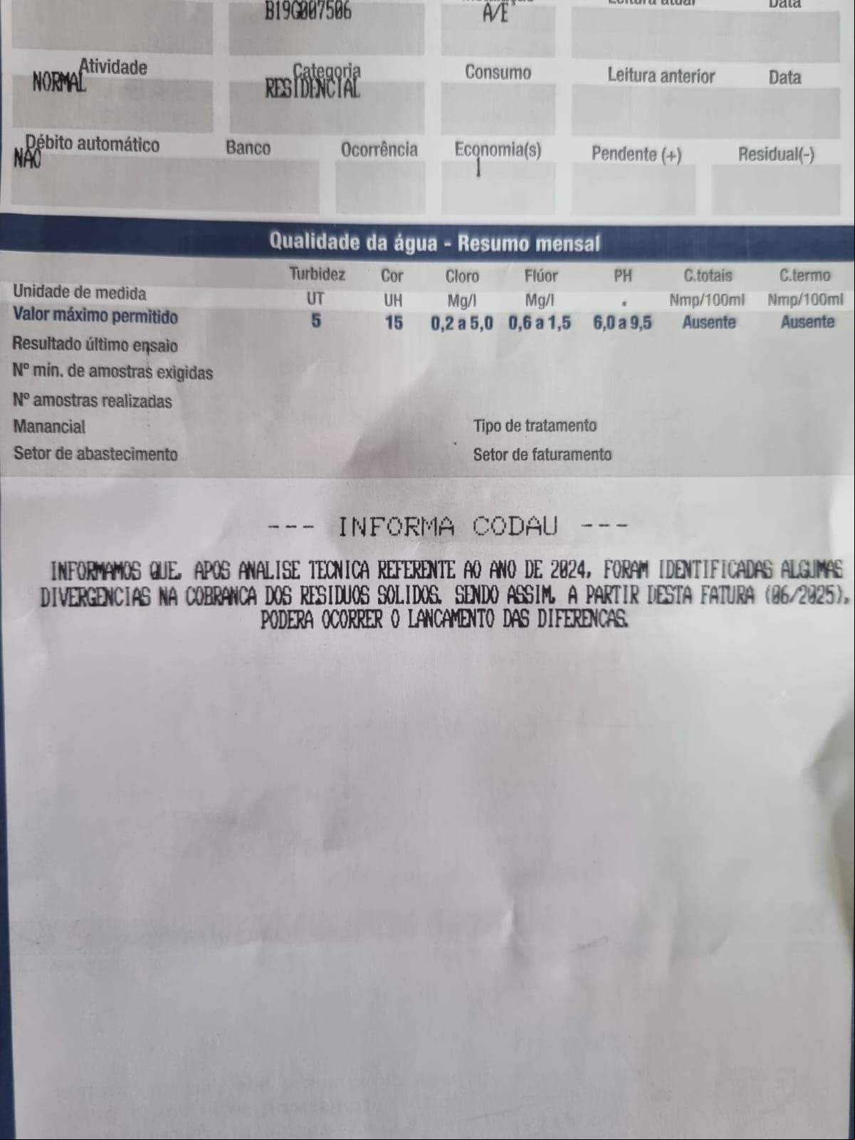 Na conta, são apontadas divergências quanto à cobrança de resíduos sólidos (Foto/Divulgação)