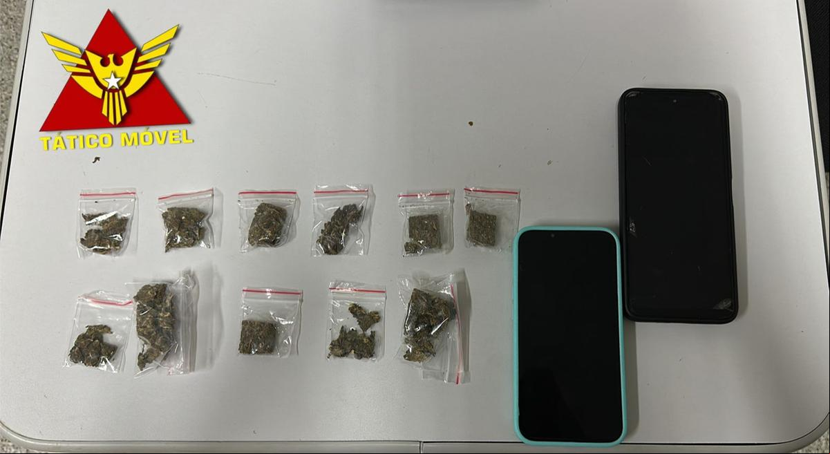 Durante a revista pessoal, foram encontradas 12 buchas de maconha e dois celulares, sendo um com registro de furto. (Foto/Divulgação)